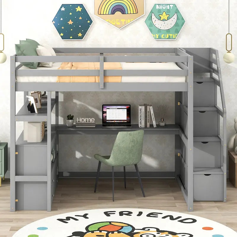 Letto a soppalco con scrivania e mensole, 2 cassetti integrati, scala contenitore