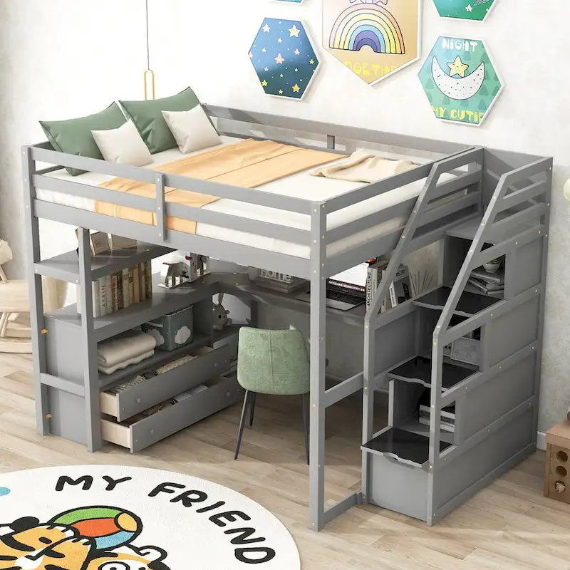 Letto a soppalco con scrivania e mensole, 2 cassetti integrati, scala contenitore