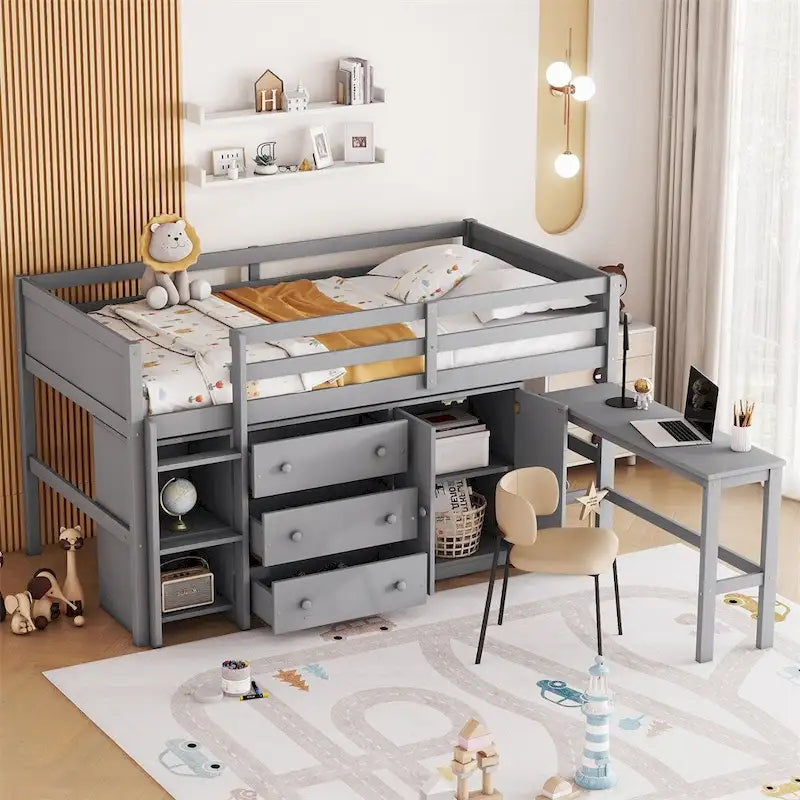 Letto a soppalco singolo in legno con scrivania estraibile, armadietto e mensole