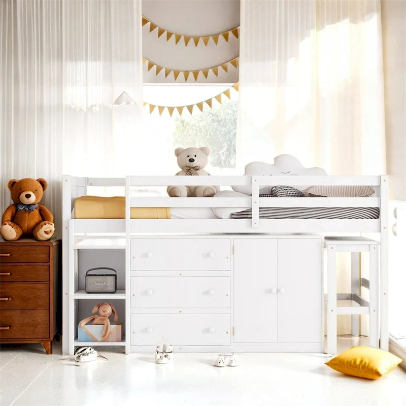 Letto a soppalco singolo in legno con scrivania estraibile, armadietto e mensole