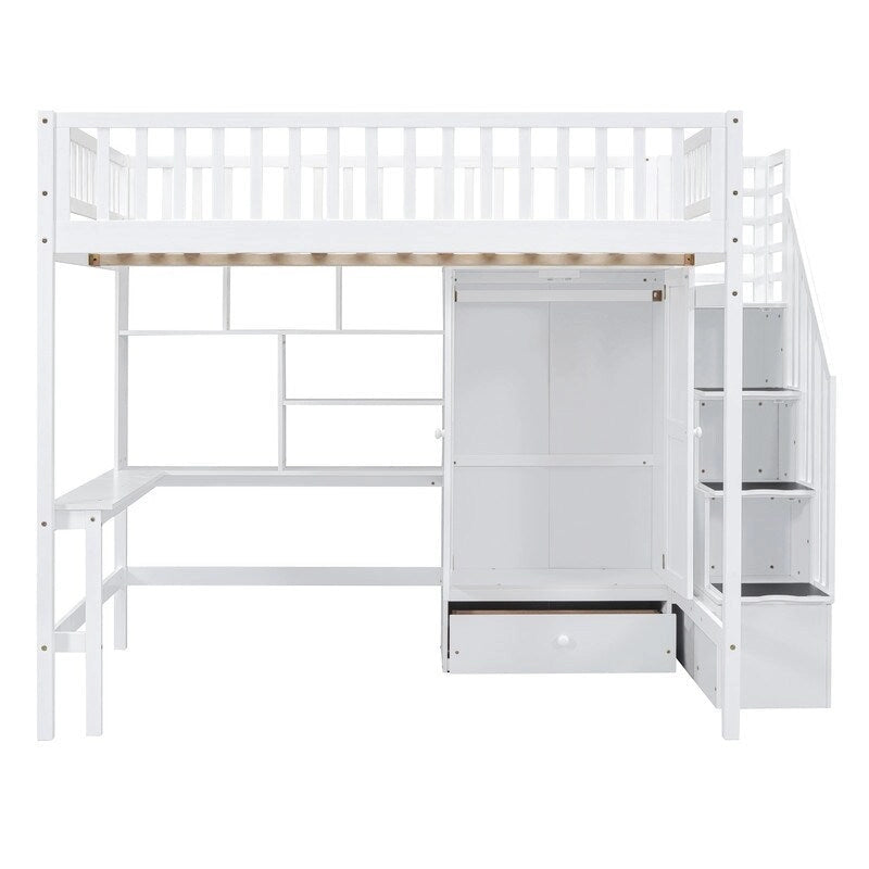 Wooden Full size Loft Bed with Bookshelf,Drawers,Desk,and Wardrobe