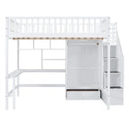 Wooden Full size Loft Bed with Bookshelf,Drawers,Desk,and Wardrobe