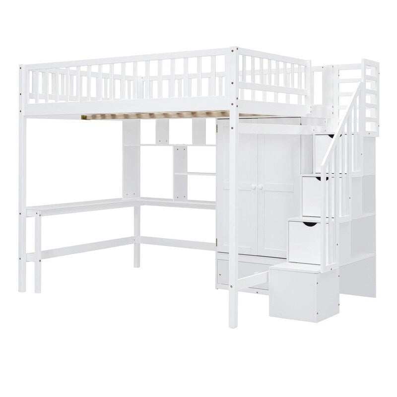 Letto a soppalco matrimoniale in legno con libreria, cassetti, scrivania e armadio
