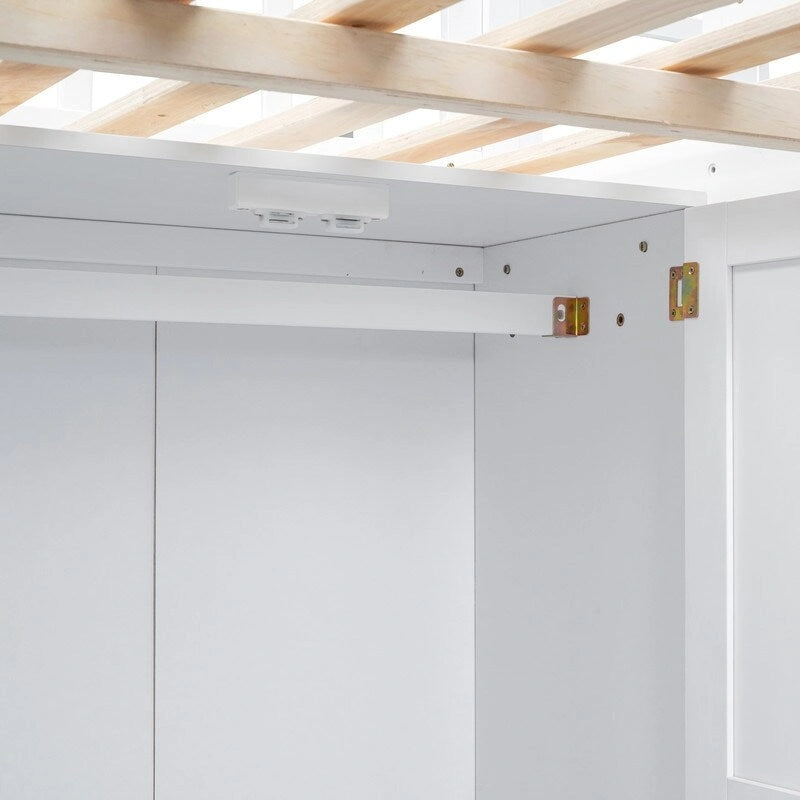 Letto a soppalco matrimoniale in legno con libreria, cassetti, scrivania e armadio