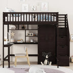 Letto a soppalco matrimoniale in legno con libreria, cassetti, scrivania e armadio