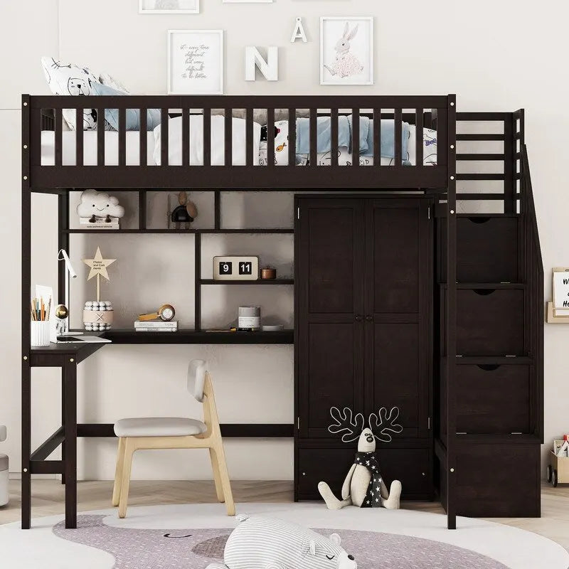 Letto a soppalco matrimoniale in legno con libreria, cassetti, scrivania e armadio
