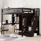 Letto a soppalco matrimoniale in legno con libreria, cassetti, scrivania e armadio