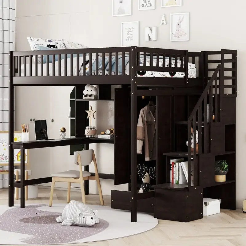 Letto a soppalco matrimoniale in legno con libreria, cassetti, scrivania e armadio