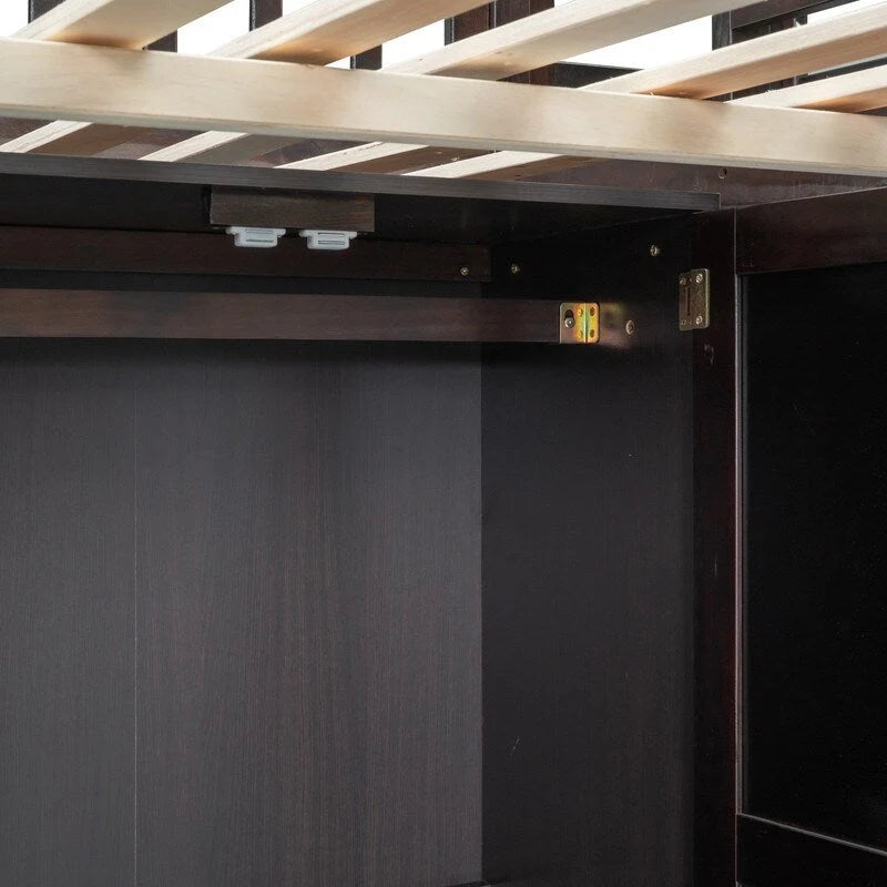 Letto a soppalco matrimoniale in legno con libreria, cassetti, scrivania e armadio
