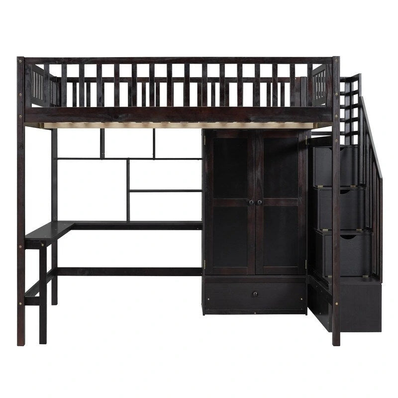 Letto a soppalco matrimoniale in legno con libreria, cassetti, scrivania e armadio