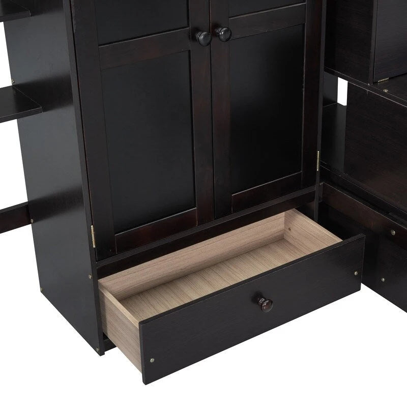 Letto a soppalco matrimoniale in legno con libreria, cassetti, scrivania e armadio