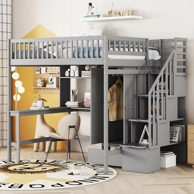 Letto a soppalco matrimoniale in legno con libreria, cassetti, scrivania e armadio