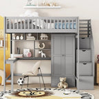 Letto a soppalco matrimoniale in legno con libreria, cassetti, scrivania e armadio
