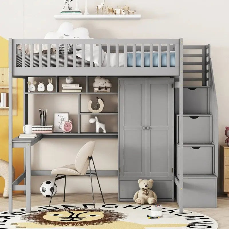 Letto a soppalco matrimoniale in legno con libreria, cassetti, scrivania e armadio