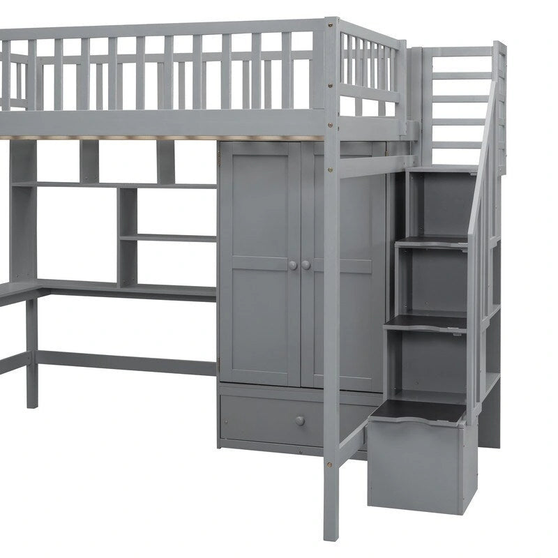 Letto a soppalco matrimoniale in legno con libreria, cassetti, scrivania e armadio