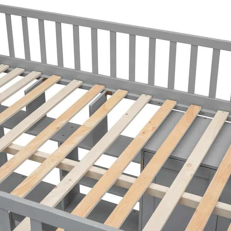 Letto a soppalco matrimoniale in legno con libreria, cassetti, scrivania e armadio