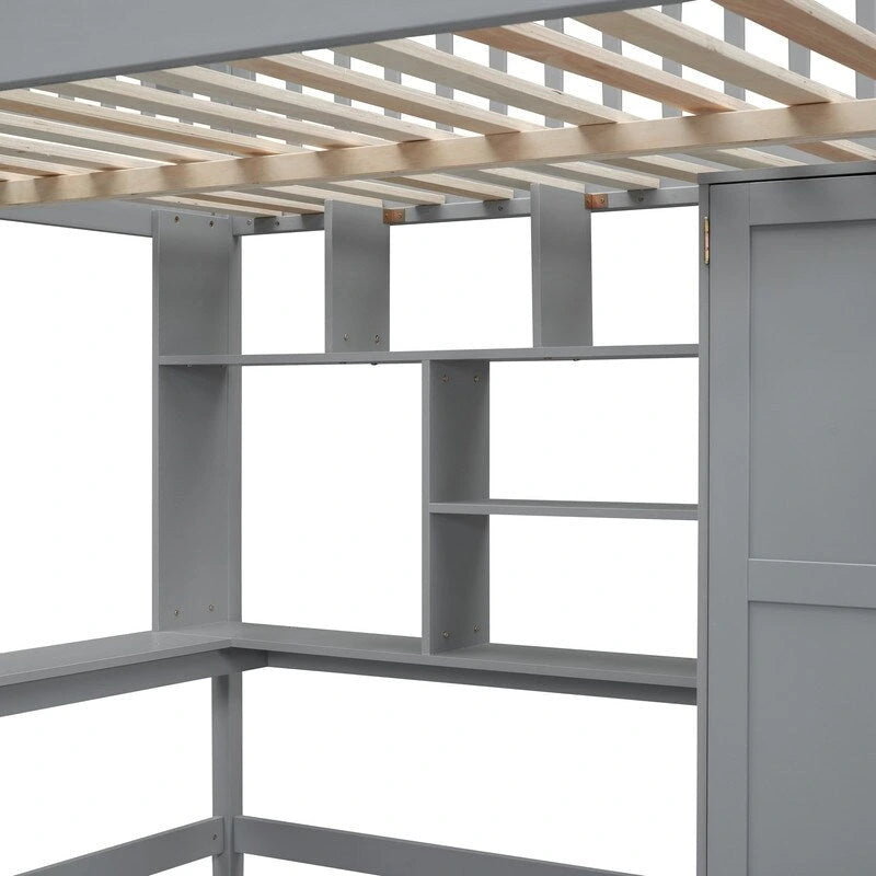 Letto a soppalco matrimoniale in legno con libreria, cassetti, scrivania e armadio