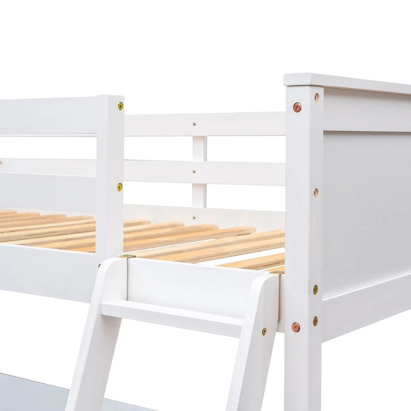 win Size Loft Bed with Shelves and Desk for Kids Teens Aldults, Wooden Loft Bed Frame with Lnclined Ladder and Safety Guardrail