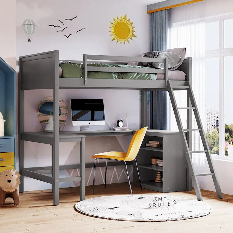 Letto a soppalco matrimoniale con mensole e scrivania per bambini, ragazzi e adulti, struttura in legno con scaletta inclinata e ringhiera di sicurezza