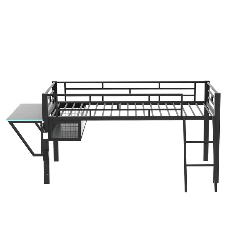 Letto a soppalco da gaming Twin/Full Size con scrivania da gaming e luci a LED, struttura a soppalco bassa in metallo con scaletta per ragazzi e adolescenti