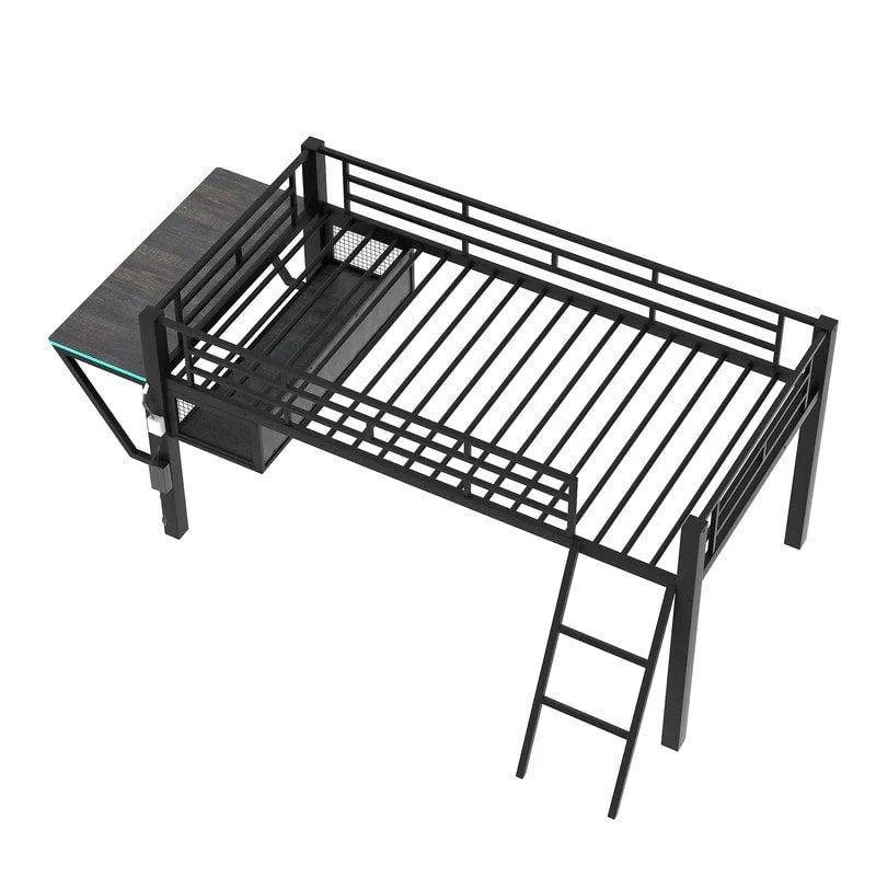 Letto a soppalco da gaming Twin/Full Size con scrivania da gaming e luci a LED, struttura a soppalco bassa in metallo con scaletta per ragazzi e adolescenti