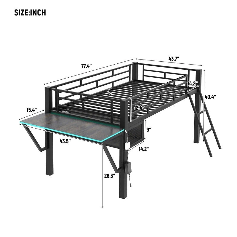 Letto a soppalco da gaming Twin/Full Size con scrivania da gaming e luci a LED, struttura a soppalco bassa in metallo con scaletta per ragazzi e adolescenti