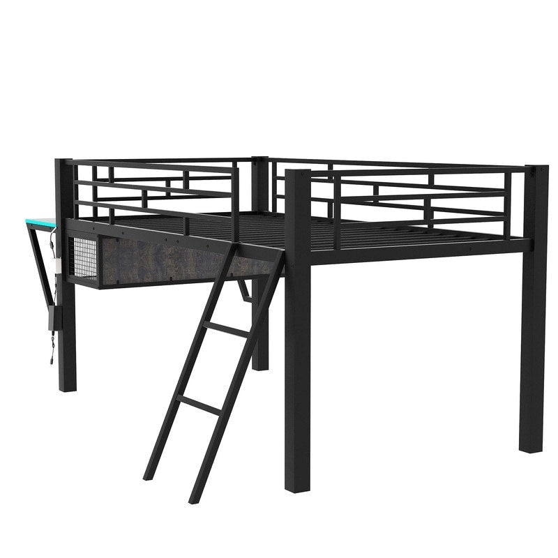 Letto a soppalco da gaming Twin/Full Size con scrivania da gaming e luci a LED, struttura a soppalco bassa in metallo con scaletta per ragazzi e adolescenti