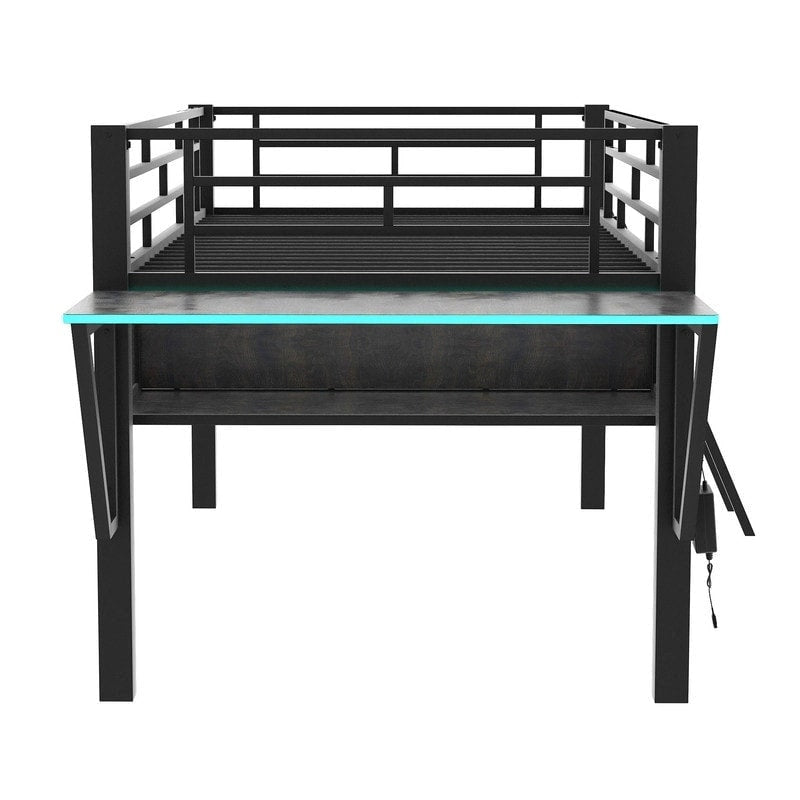 Letto a soppalco da gaming Twin/Full Size con scrivania da gaming e luci a LED, struttura a soppalco bassa in metallo con scaletta per ragazzi e adolescenti