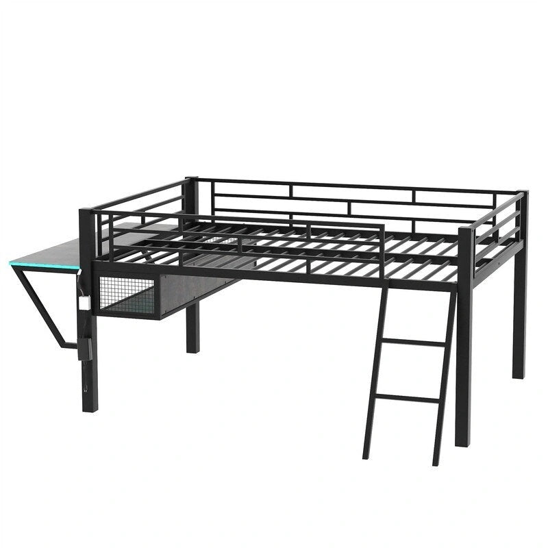 Letto a soppalco da gaming Twin/Full Size con scrivania da gaming e luci a LED, struttura a soppalco bassa in metallo con scaletta per ragazzi e adolescenti