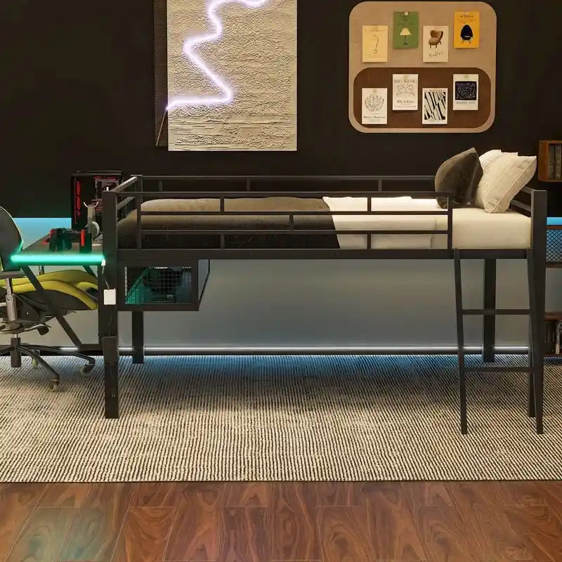 Letto a soppalco da gaming Twin/Full Size con scrivania da gaming e luci a LED, struttura a soppalco bassa in metallo con scaletta per ragazzi e adolescenti