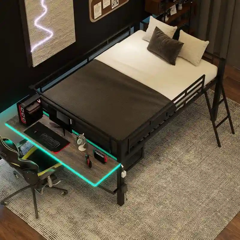Letto a soppalco da gaming Twin/Full Size con scrivania da gaming e luci a LED, struttura a soppalco bassa in metallo con scaletta per ragazzi e adolescenti
