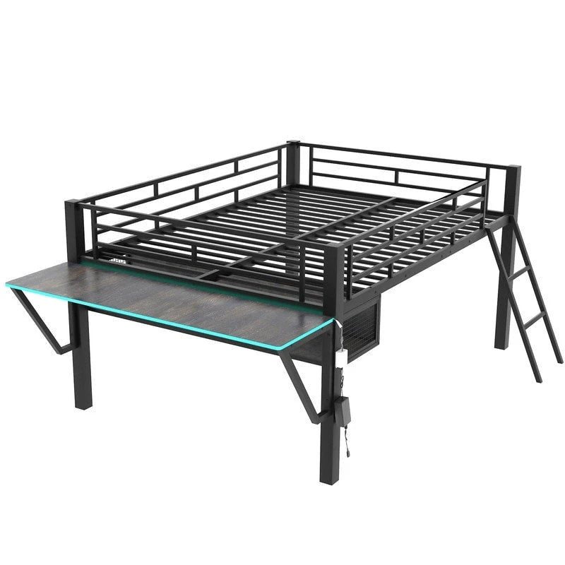Letto a soppalco da gaming Twin/Full Size con scrivania da gaming e luci a LED, struttura a soppalco bassa in metallo con scaletta per ragazzi e adolescenti