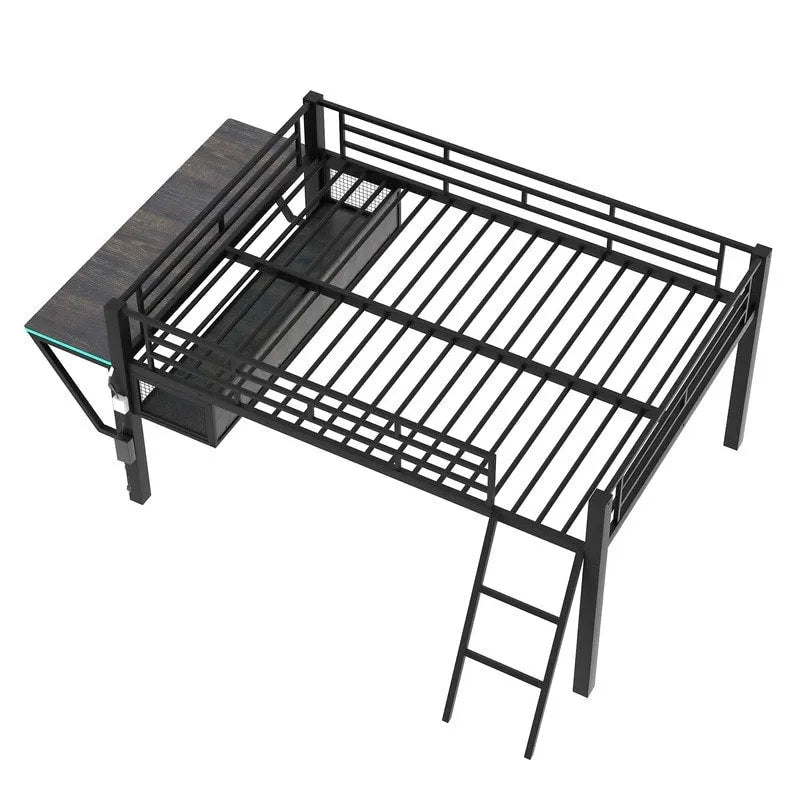 Letto a soppalco da gaming Twin/Full Size con scrivania da gaming e luci a LED, struttura a soppalco bassa in metallo con scaletta per ragazzi e adolescenti