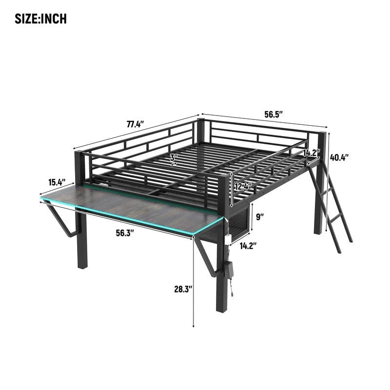 Letto a soppalco da gaming Twin/Full Size con scrivania da gaming e luci a LED, struttura a soppalco bassa in metallo con scaletta per ragazzi e adolescenti