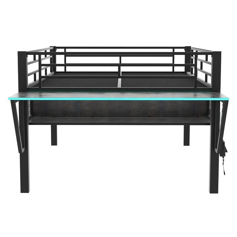 Letto a soppalco da gaming Twin/Full Size con scrivania da gaming e luci a LED, struttura a soppalco bassa in metallo con scaletta per ragazzi e adolescenti