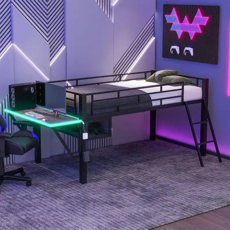 Letto a soppalco da gaming Twin/Full Size con scrivania da gaming e luci a LED, struttura a soppalco bassa in metallo con scaletta per ragazzi e adolescenti