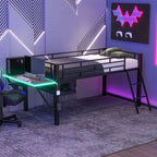Letto a soppalco da gaming Twin/Full Size con scrivania da gaming e luci a LED, struttura a soppalco bassa in metallo con scaletta per ragazzi e adolescenti