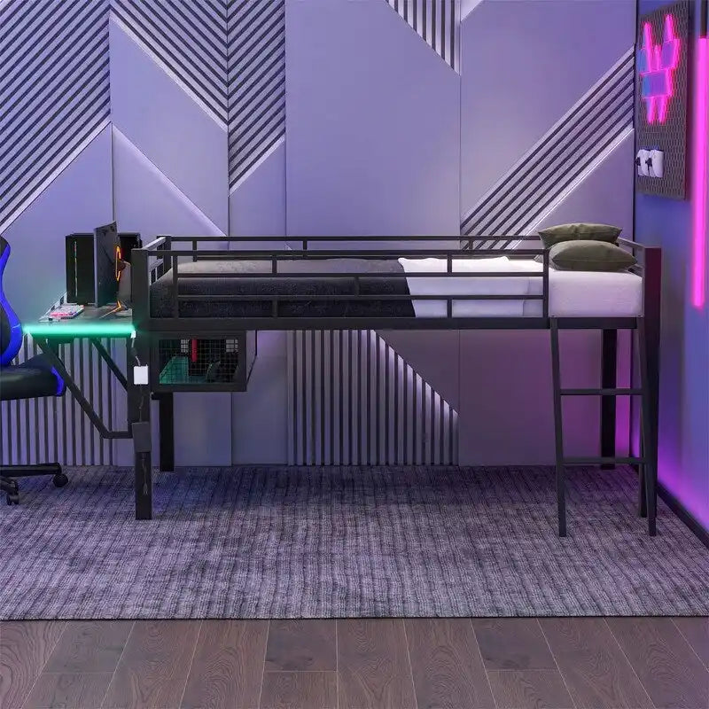 Letto a soppalco da gaming Twin/Full Size con scrivania da gaming e luci a LED, struttura a soppalco bassa in metallo con scaletta per ragazzi e adolescenti