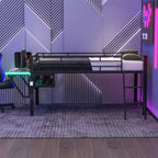 Letto a soppalco da gaming Twin/Full Size con scrivania da gaming e luci a LED, struttura a soppalco bassa in metallo con scaletta per ragazzi e adolescenti