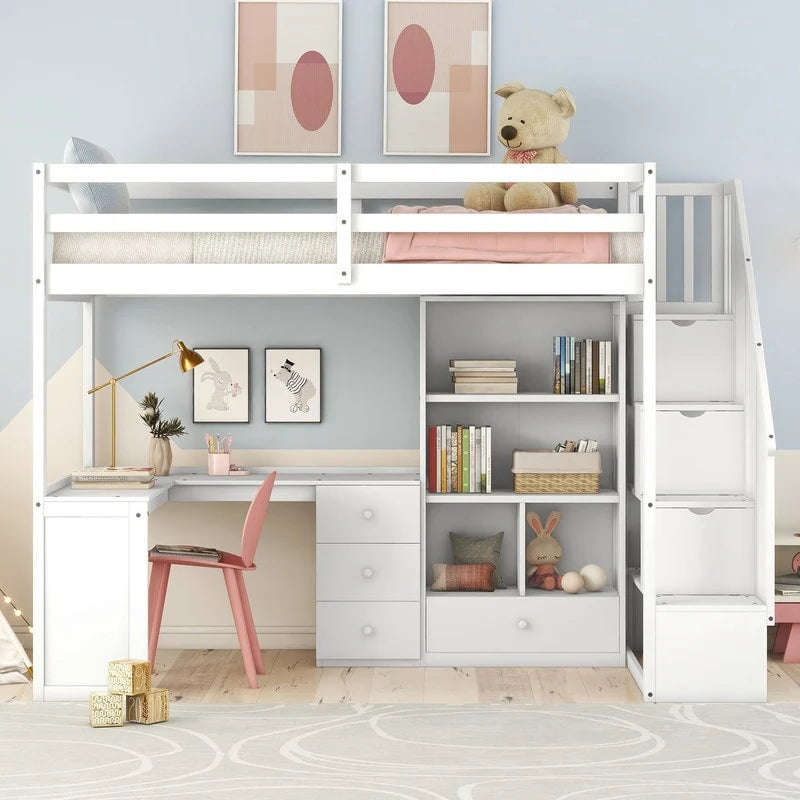 Letto a soppalco singolo in legno con scrivania a L e cassetti, armadio e scala contenitore