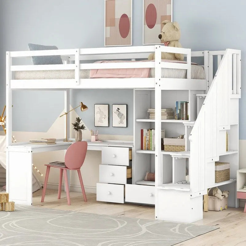 Letto a soppalco singolo in legno con scrivania a L e cassetti, armadio e scala contenitore