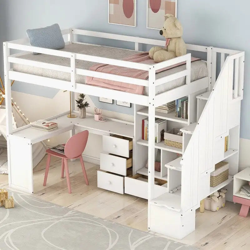 Letto a soppalco singolo in legno con scrivania a L e cassetti, armadio e scala contenitore
