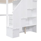 Letto a soppalco singolo in legno con scrivania a L e cassetti, armadio e scala contenitore