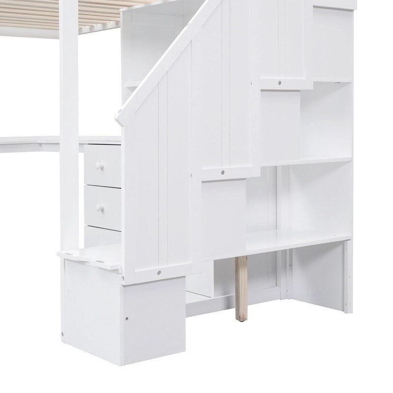 Letto a soppalco singolo in legno con scrivania a L e cassetti, armadio e scala contenitore