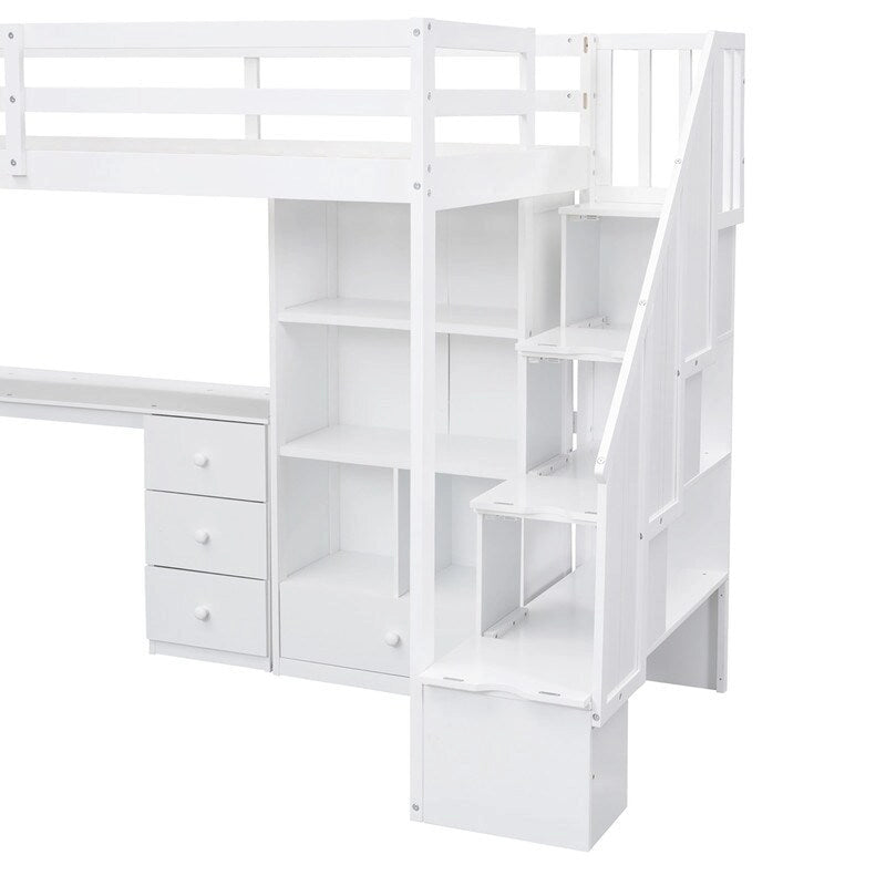 Letto a soppalco singolo in legno con scrivania a L e cassetti, armadio e scala contenitore