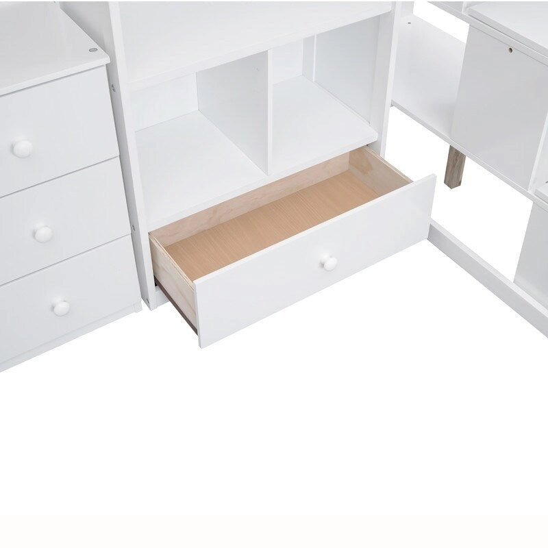 Letto a soppalco singolo in legno con scrivania a L e cassetti, armadio e scala contenitore