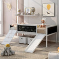 Twin Size Loft Bed Wood Guardrail Bed with Two Storage Boxes and Double-Sided Chalkboard, Climbing Frame & Rope Design
