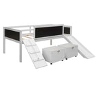 Letto a soppalco singolo con struttura per arrampicata, scivolo, lavagna fronte-retro e 2 contenitori, legno di pino