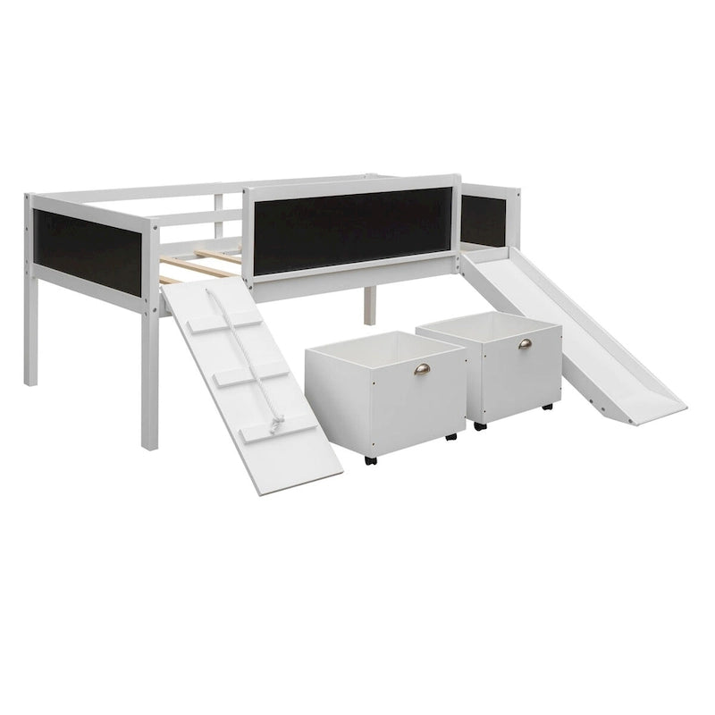 Letto a soppalco singolo con struttura per arrampicata, scivolo, lavagna fronte-retro e 2 contenitori, legno di pino