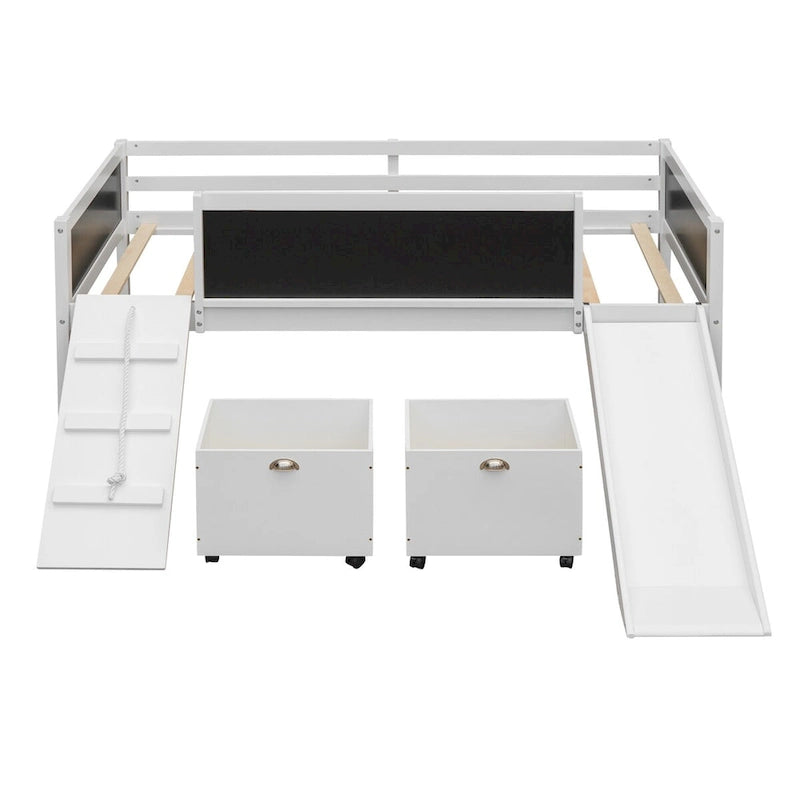 Letto a soppalco singolo con struttura per arrampicata, scivolo, lavagna fronte-retro e 2 contenitori, legno di pino